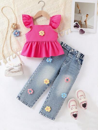 SHEIN Genkimix Kids Young Girl 2 Pieces Set: Light Blue Denim Cap Sleeve Blouse Top And Light Blue Denim Jeans, Adorned With 3D Floral Plush Decor, Fashionable Casual Style For Daily, Outdoor Wear, School, Campus, College Summer Holiday