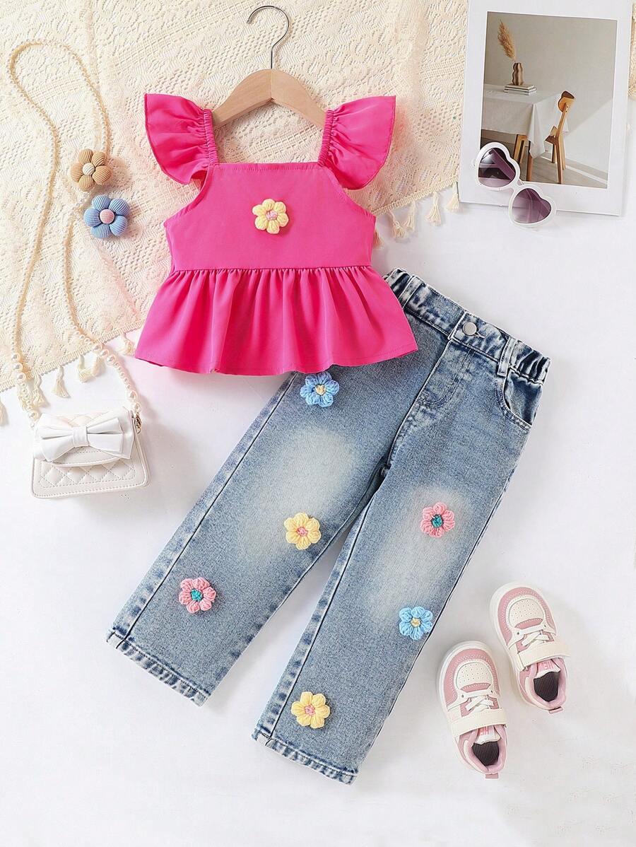 SHEIN Genkimix Kids Young Girl 2 Pieces Set: Light Blue Denim Cap Sleeve Blouse Top And Light Blue Denim Jeans, Adorned With 3D Floral Plush Decor, Fashionable Casual Style For Daily, Outdoor Wear, School, Campus, College Summer Holiday - Pink - View 1