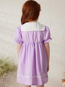 Blossori Gaun Tenun Kerah Lebar Longgar Elegan Gaya Prancis untuk Anak Perempuan Musim Semi/Panas dengan Bordir Bunga - Purple - View 2