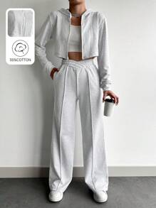 EURMUSE Cotton Solid Color Crop Hooded Top & Long Pants Two Pieces Set - Grey - View 1