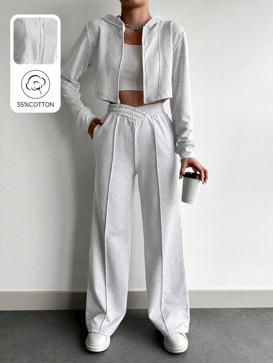 EURMUSE Cotton Solid Color Crop Hooded Top & Long Pants Two Pieces Set - Grey - View 1