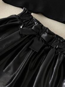 2 件套女婴幼儿 0-3 岁春夏时尚街头服饰罗纹针织无袖 Polo 衫和蝴蝶结裙 2 件套服装，黑色