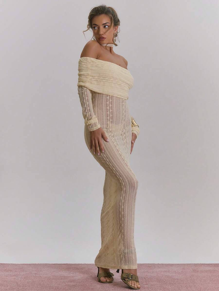 MUSERA 露肩翻领纹理雪纺修身长袖连衣裙，适合春夏新年穿着。 - 杏色 - 查看 1