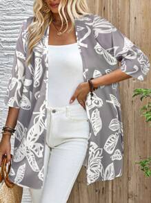 EMERY ROSE Blusa informal suelta de verano con manga 3/4 y estampado de hojas de plantas para mujeres