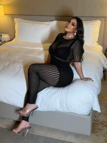 NU&NOW Plus Size Women Hollow Out Sexy Jumpsuit With Short Sleeves - Black - View 4