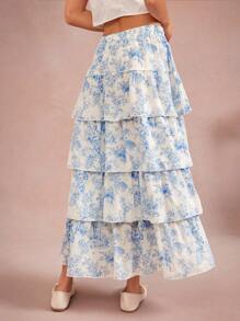 WESTFADE Summer Toile Printed Chiffon Smocked High Waist Ruffle Tiered Skirt Spring Break Vacation Brunch