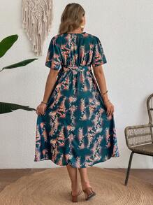 SHEIN Maternity V-Neck Allover Print Dress, Versatile For Commuting - Blue - View 3