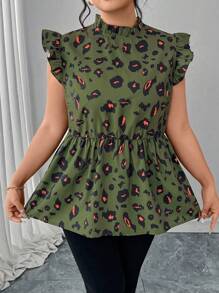 SHEIN Clasi Damen Große Größen Leoparden Muster Lässig Flügelärmel Shirt für den Sommer