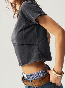 Bohemela Boho Women Open Back Solid Knitted Boat Neck Short Sleeve Fitted Cropped T-Shirt, Spring/Summer - Black - View 5