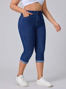 Flexra Große Größen Stretch-Denim-Caprihose in Blau, modisch-lässiger Stil, für Damen