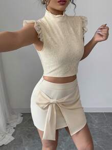 Elenzga 2 件女士优雅浪漫蕾丝拼布盖袖蝴蝶结领衬衫套装 - 杏色 - 查看 6