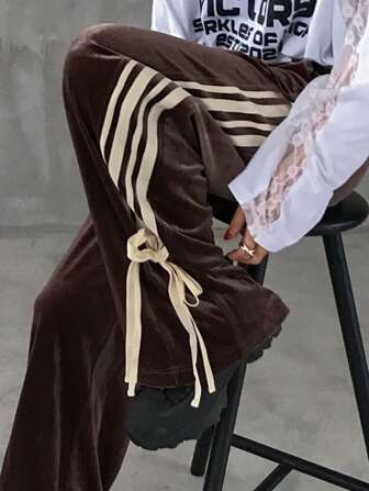 FRIFUL Pantalones casuales sueltos con lazada y estampado de rayas de color contrastante para mujeres