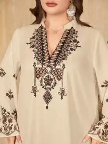 Al Najma Plus Size Women Floral Print V-Neck Long Sleeve Arabian Dress,Modest