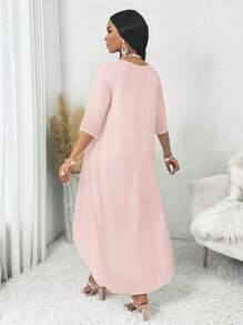 SHEIN Lady 2pcs/Set Plus Size Women Elegant Solid Color Asymmetric Three-Quarter Sleeve Blouse And Loose Pants Suit - Pink - View 2