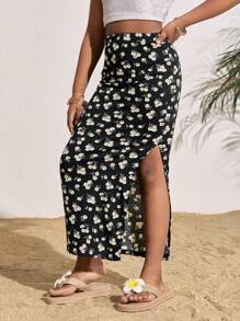 SHEIN 青少年女孩时尚休闲度假黑白碎花松紧腰半身裙