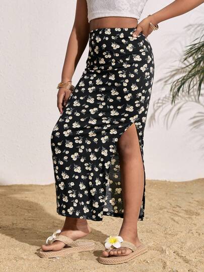 SHEIN 青少年女孩时尚休闲度假黑白碎花松紧腰半身裙