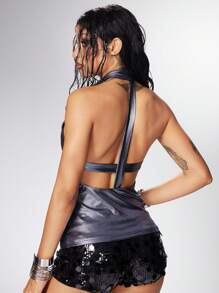 ROMWE Grunge Punk Women's Sexy Halter Neck Backless Top Concert, Holographic Shiny Fabric Top - Purple - View 6