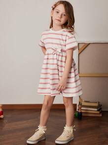 PrepCrw 春夏少女学院风粉色和白色条纹针织短袖运动衫连衣裙