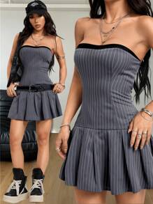 SHEIN EZwear Women's Spring/Summer Y2K Streetwear Date Night Striped Patchwork Pleated Dress - Multicolor - View 4