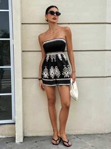 SHEIN Essnce 女士夏季度假服装 - 2025 黑色几何印花抹胸连体裤，带褶饰腰部和可调节抽绳，波西米亚风连体裤，适合海滩派对、周末度假和休闲街头风格，女士夏季时尚必备品