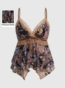 ROMWE Hippie Women's Lace Splicing Floral Printed Camisole Tank Top - Multicolor - View 1
