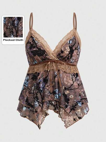 Hippie Women's Lace Splicing Floral Printed Camisole Tank Top