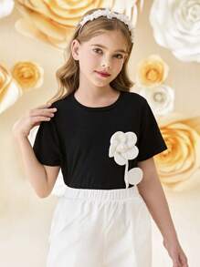 SHEIN Tween Girl Elegant Mock Neck Floral 3D Decor Short Sleeve T-Shirt - Black - View 3