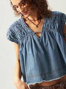 Bohemela BOHO Casual Woven Denim Oversized V-Neck Cap Sleeve Blouse For Women