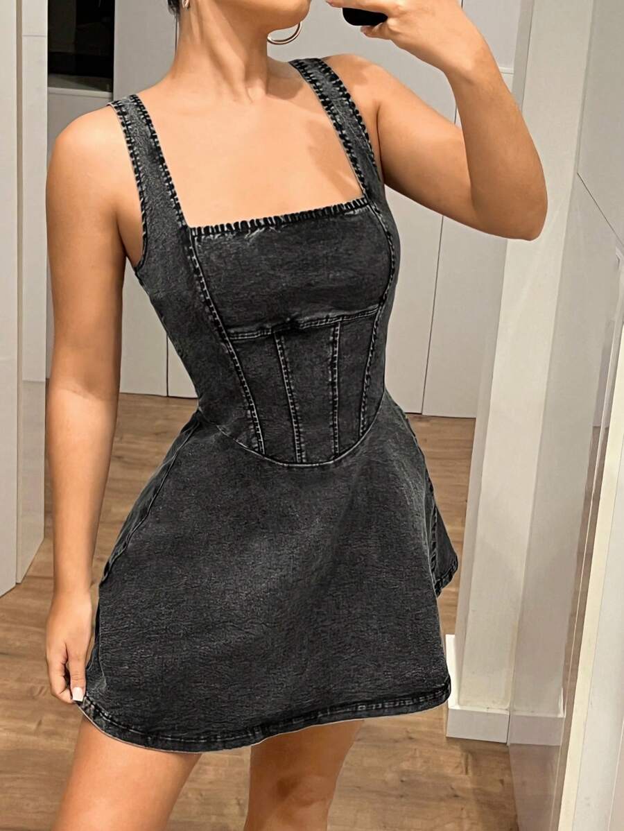 SHEIN ICON Váy denim trơn màu đen nhạt dành cho nữ Y2k, đơn giản và thời trang cho mùa hè - màu đen - Xem 1