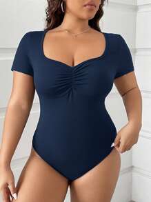 CovetEZ Plus Size Minimalist Solid Color Ruched Rhinestone Collar Bodysuit - Navy Blue - View 1