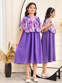 SHEIN Vestido de niña preadolescente con estampado floral elegante, cuello de volantes en color contrastante y parches - Morado - Ver 5