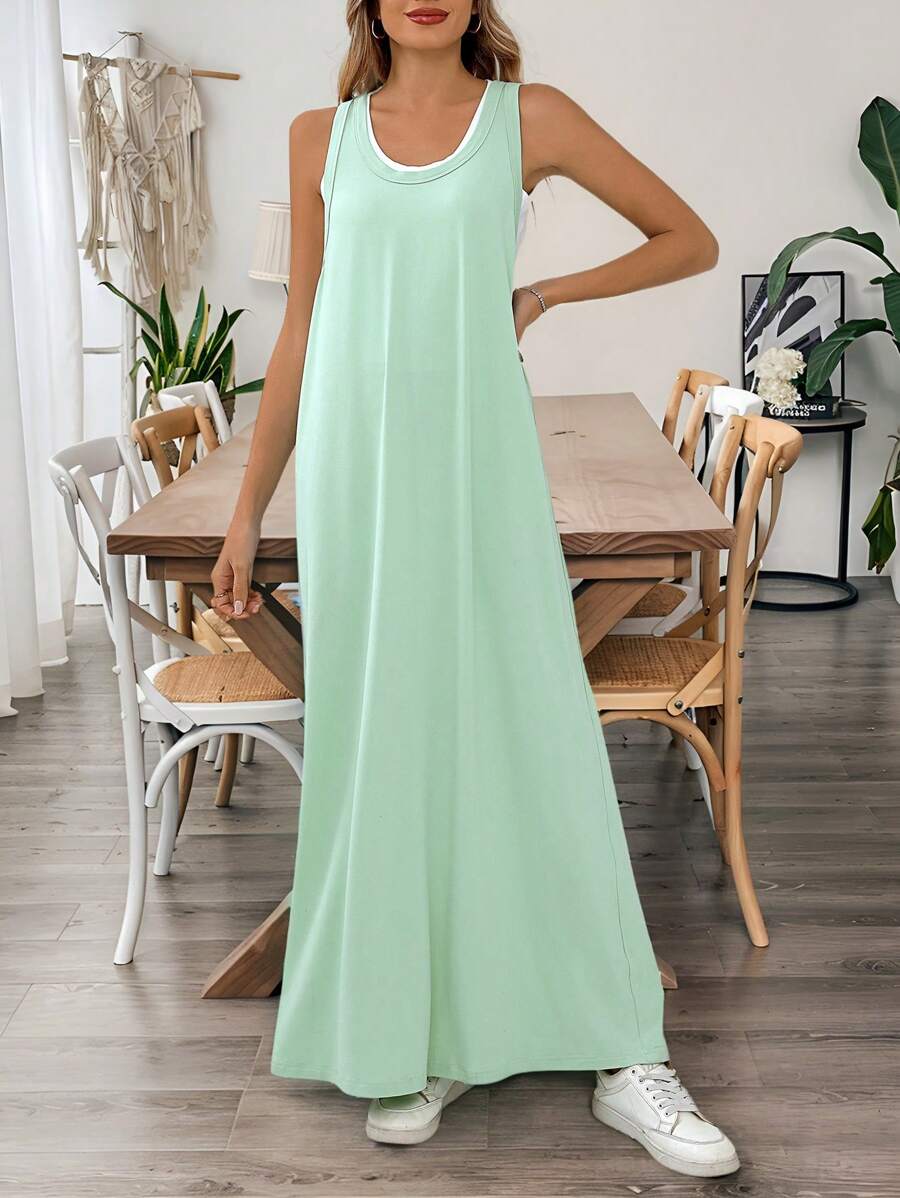 SHEIN LUNE Women Casual Sleeveless 2 In 1 Dress - Green - View 1
