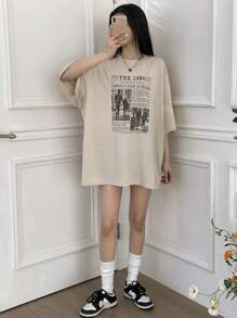 DAZY Women Casual Loose Newspaper Print Drop Shoulder T-Shirt Graphic Tee Oversized T-Shirt
