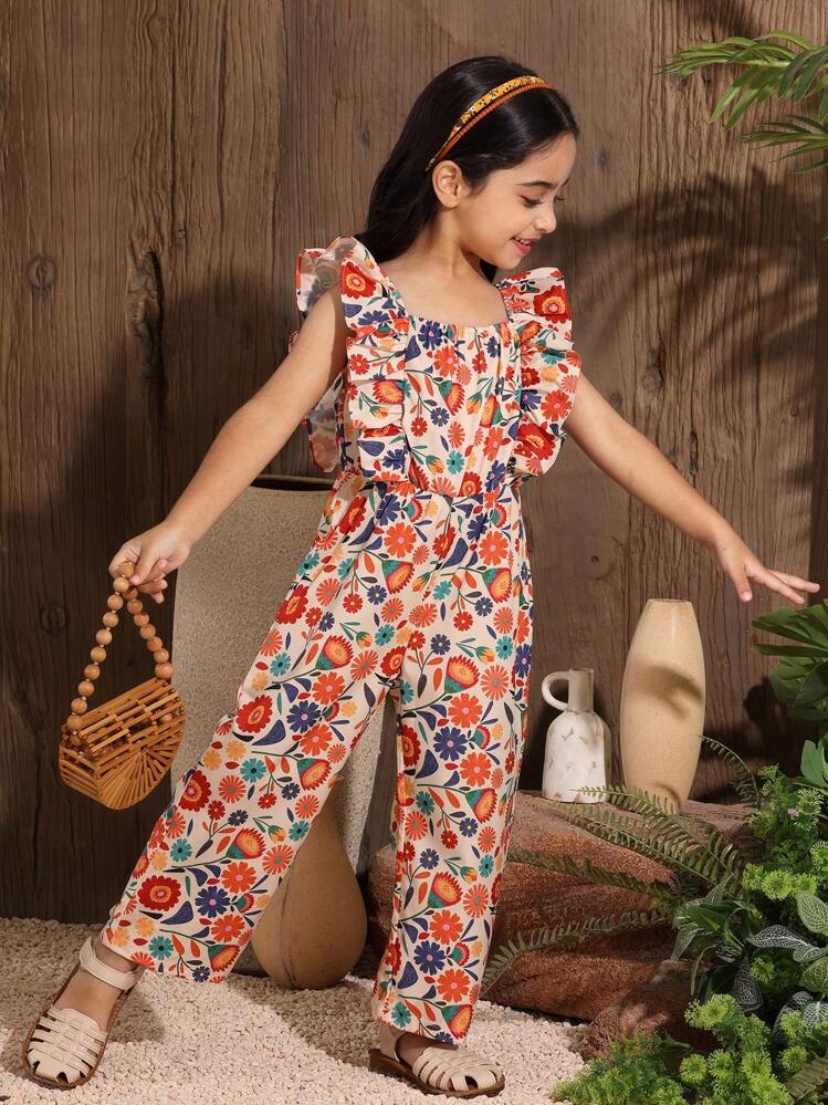 SHEIN Young Girls Tropical Floral Print Ruffled Orange Sleeveless Jumpsuit, Suitable For School, Travel, Vacation, Beach, Summer - Multicolor - View 4