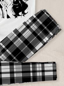 SHEIN Tween 女童休闲简约短袖和长裤睡衣套装，贴身罗纹面料，适合春夏季 - 白色 - 查看 4