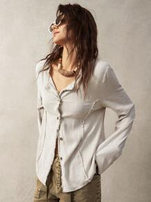 Bohemela Women's Solid Color Long Sleeve Single Breasted Vacation Casual Shirt - Grey - View 3