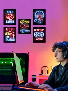 5 件霓虹灯墙艺术、游戏文化帆布印刷壁画、游戏热爱海报、和平符号艺术品、复古游戏氛围房间美学、游戏配件墙面装饰、艺术印刷品、家居装饰、海报、理想礼物，适用于客厅、卧室、浴室、咖啡厅