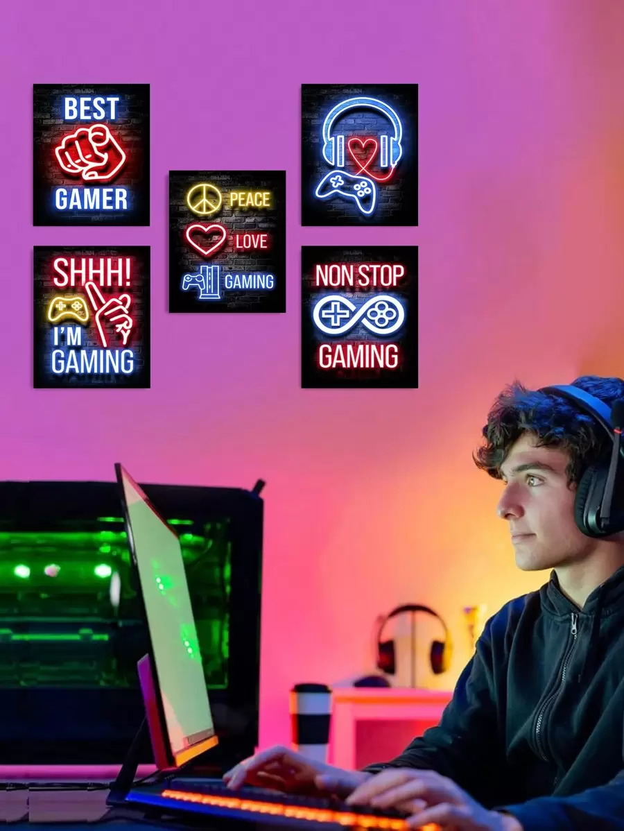 5 件霓虹灯墙艺术、游戏文化帆布印刷壁画、游戏热爱海报、和平符号艺术品、复古游戏氛围房间美学、游戏配件墙面装饰、艺术印刷品、家居装饰、海报、理想礼物，适用于客厅、卧室、浴室、咖啡厅