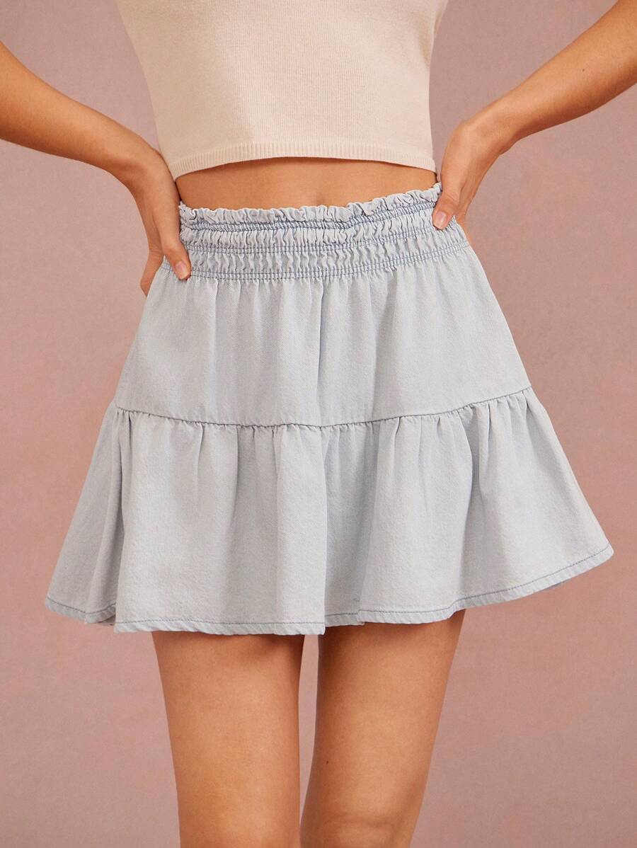 WESTFADE Western Cowgirl Ruffle Smocked Waist Tiered A Line Mini Skirt Summer Vacation - Light Wash - View 1