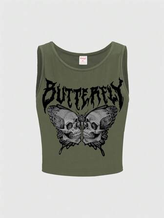Grunge Punk Top de tirantes para mujer con estampado de letra y mariposa estilo gótico
