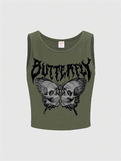 Grunge Punk Top de tirantes para mujer con estampado de letra y mariposa estilo gótico