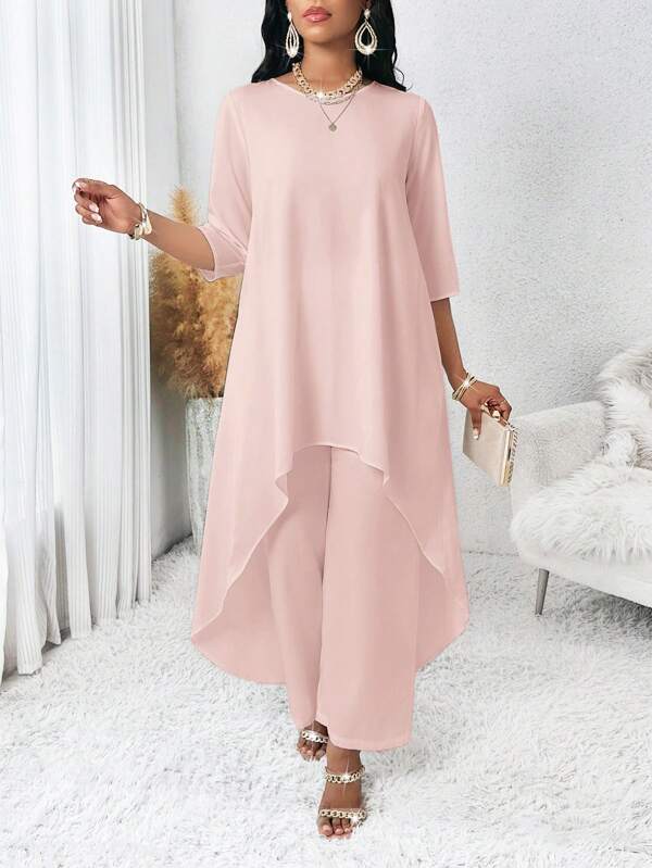 SHEIN Lady 2pcs/Set Plus Size Women Elegant Solid Color Asymmetric Three-Quarter Sleeve Blouse And Loose Pants Suit