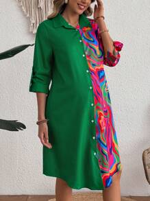 SHEIN Maternity Wavy Graphic Print Patchwork Dress - Multicolor - View 1