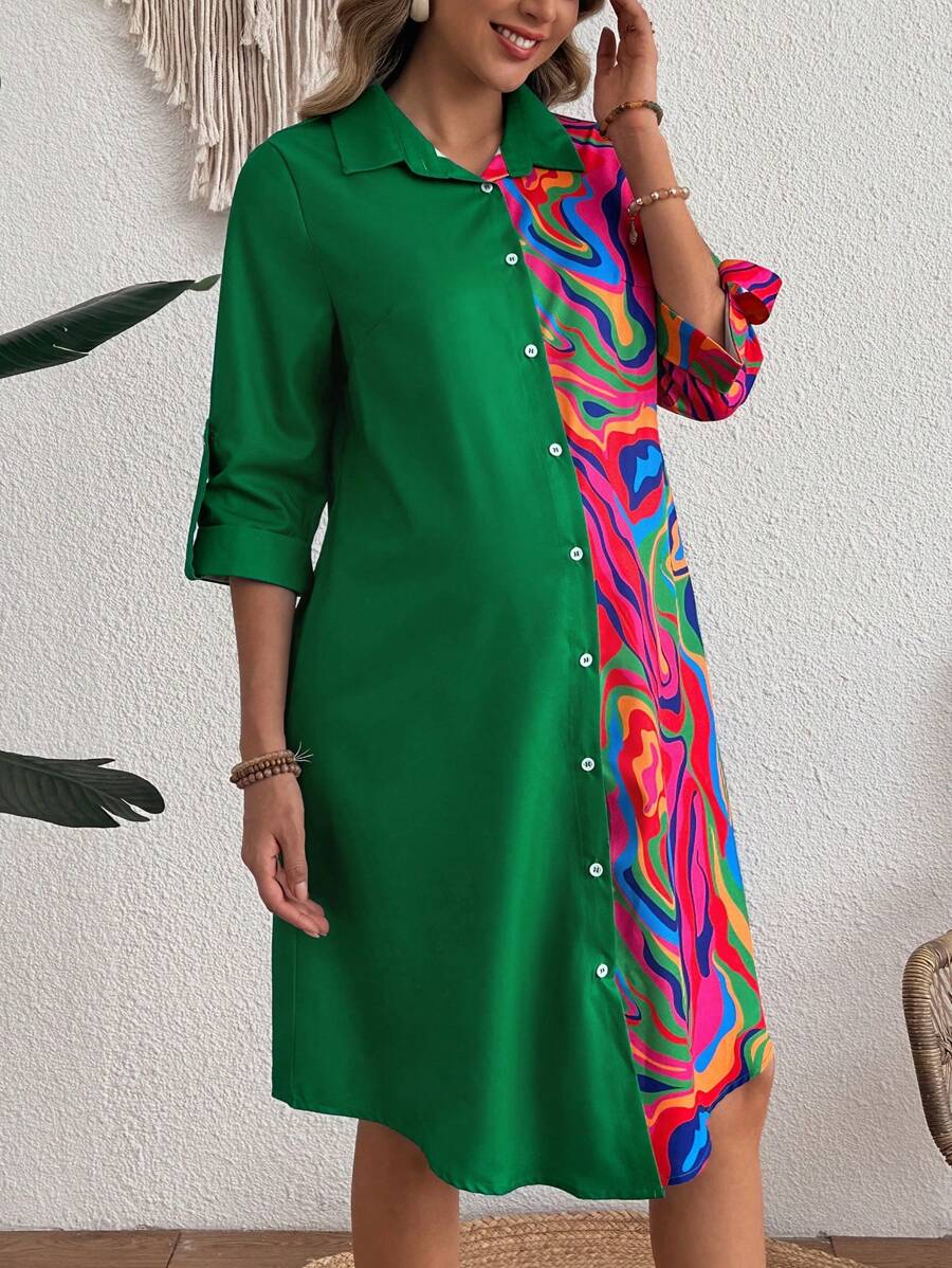 SHEIN Maternity Wavy Graphic Print Patchwork Dress - Multicolor - View 1