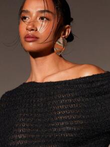 Athîral Women Casual Solid Color Asymmetrical Neck Long Sleeve Crop Top - Black - View 6