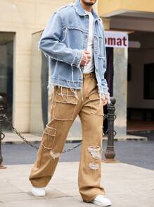 Manfinity Homme Men's Solid Color Straight Ripped Cargo Jeans, Suitable For Everyday Wear - Khaki - View 3