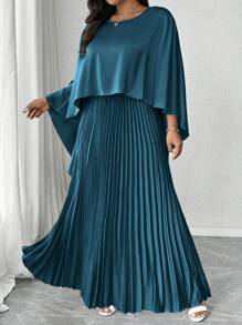 Elenzga Elegant 2pcs Set: High Low Cloak + Pleated Skirt - Cadet Blue - View 7