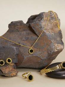 Bộ trang sức thép không gỉ 5 món - Vòng cổ đá đen La Mã, Vòng tay Vạn Lý Trường Thành, Nhẫn hở đính đá, Hoa tai, Trang phục hàng ngày cho phụ nữ Quà tặng Giáng sinh mùa đông - Dây chuyền vỏ sò đen La Mã + vòng tay + nhẫn + bông tai - Xem 4