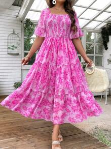 SHEIN Clasi 夏季大码花卉雪纺连衣裙，方形领口，荷叶边下摆和优雅饰边，长款女装 - 粉色 - 查看 6