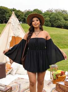 SHEIN LUNE Plus Size Women's Solid Flared Sleeve Off Shoulder Jumpsuit - Black - View 4